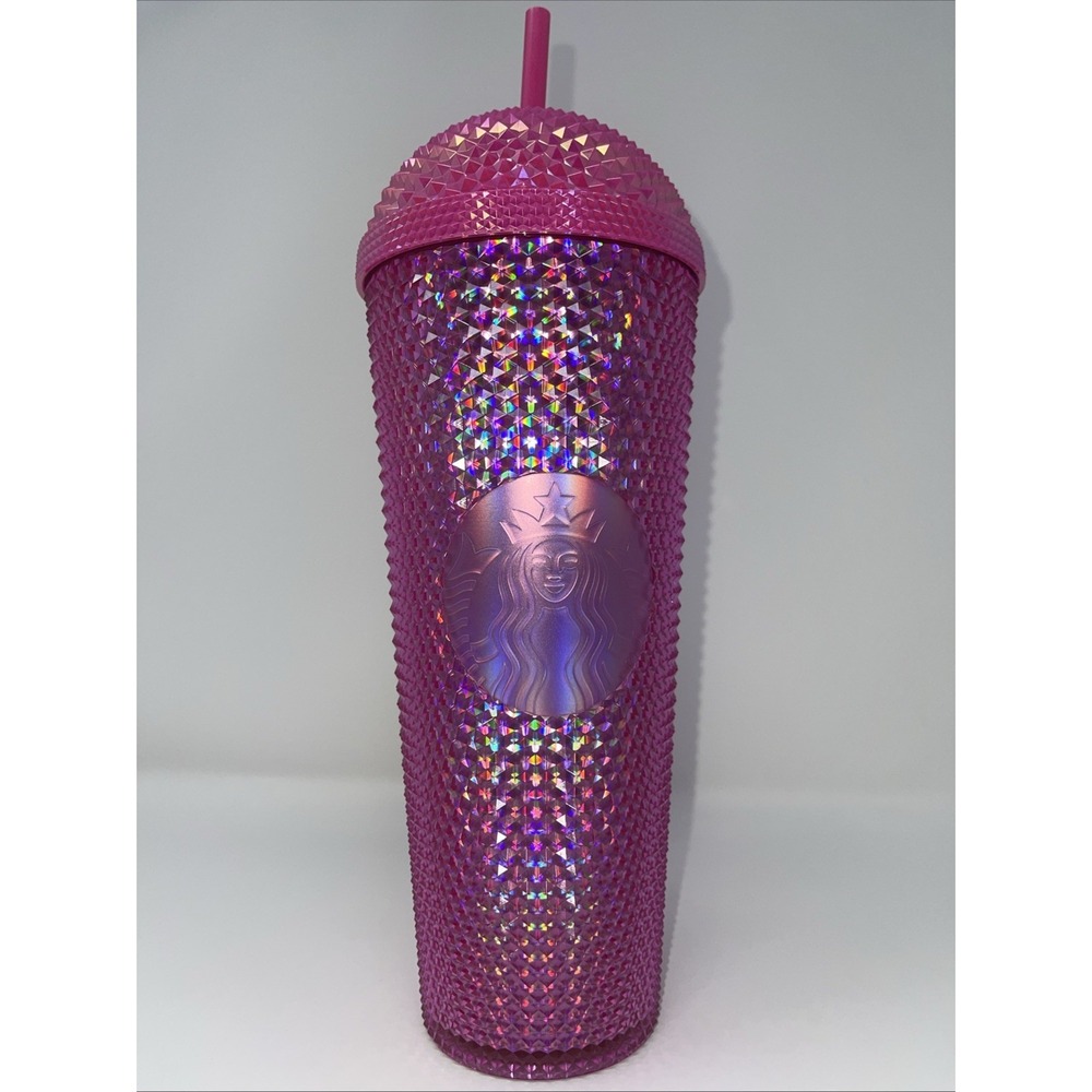 NWT Starbucks Iridescent Vibrant Hot Pink Bling Studded Frappuccino Dome Tumbler